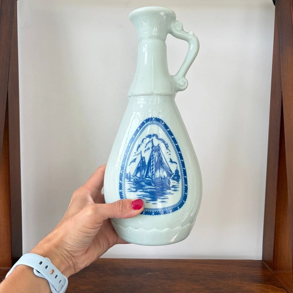 Vintage Milk Glass Nautical Sailboat Windmill Decanter Bottle Blue White 10.75in